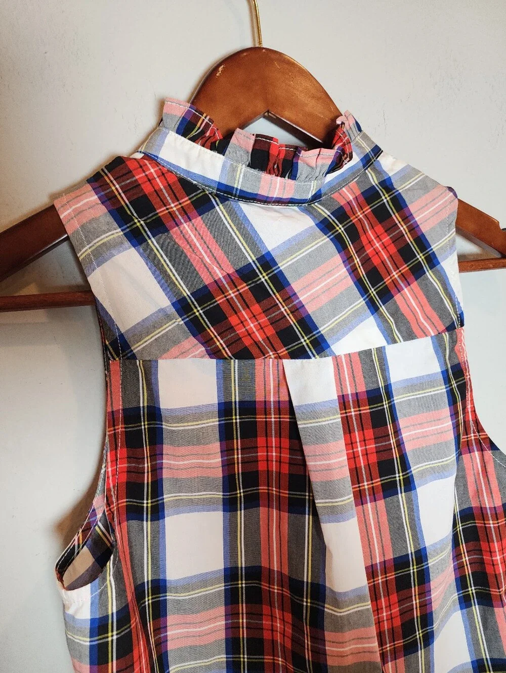 NWT J. Crew Ruffle-Neck Sleeveless Top Red Holiday Tartan Plaid Cotton Poplin 0